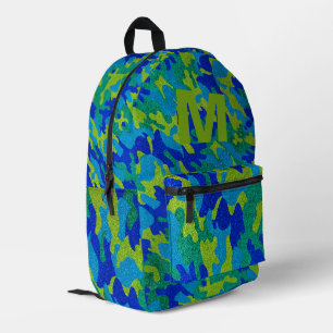 Mochila Impresa Camuflaje azul verde con brillo monograma al aire 