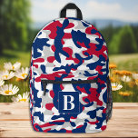 Mochila Impresa Camuflaje Monograma Personalizado de Camo Patrióti<br><div class="desc">Presentamos nuestra moderna y moderna mochila de camo, perfecta para niños, estudiantes, excursionistas y jornaleros! Esta fresca mochila presenta un patrón patriótico estadounidense con tonos blancos y azules rojos, lo que le da un aspecto de inspiración militar que seguro va a dar la vuelta a la cabeza. El diseño del...</div>