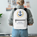 Mochila Impresa Capitán de Ancla Náutica Nombre Armada de Laurel d<br><div class="desc">Un personalizado diseñó ancla náutica,  hojas de laurel de estilo dorado y una estrella dorada con rango de capitán u otro título y Su nombre personalizado o nombre de barco en azul marino regal sobre una mochila blanca uniforme. Hace un gran regalo.</div>