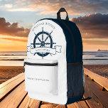Mochila Impresa Capitán de barco personalizado Volante náutico vin<br><div class="desc">Mochila del capitán del barco personalizado de moda para una compañía de transatlántico con un volante de la nave azul marino. Este vintage diseño náutico es perfecto para un camarero de barco cerca de la playa. Personaliza con tu nombre.</div>