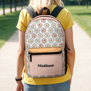 Mochila Impresa Cara Feliz Flores Retro Preppy Colorblock