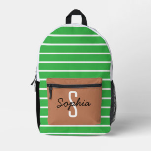 Mochila Impresa Caramelo y franjas blancas con acento verde fresco
