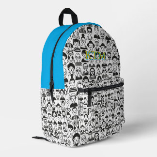 Mochila Impresa Caras de Garabatos en Blanco y Negro Azul Brillant