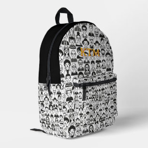 Mochila Impresa Caras de garabatos en blanco y negro con texto ama