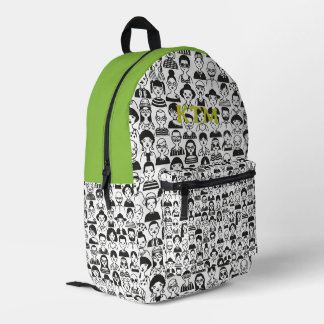 Mochila Impresa Caras de Monograma Verde de Dibujos en Blanco y Ne