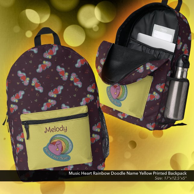 Mochila Impresa Cardilla arcoiris de corazón musical nombre amaril (Heart the Beat Rainbow Doodle  Design Backpack: Personalized with Owner's Name - Yellow Accent Color)