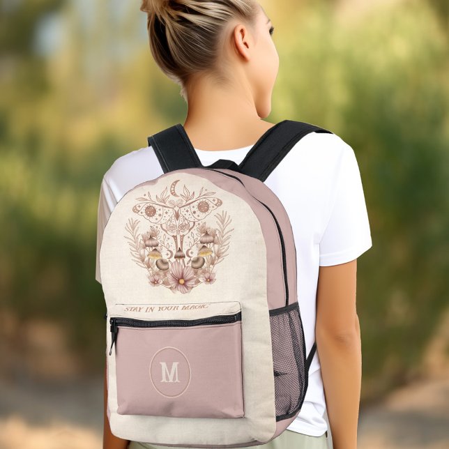 Mochila Impresa Celestial Boho Moth Mushrooms Monograma Nombre (Celestial Boho Moth Mushrooms Monogram Name Printed Backpack)