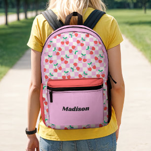 Mochila Impresa Cerezas a Cuadros Retro Rosa y Rojo Colorblock