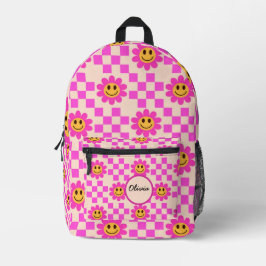 Mochila Impresa Checkered Hot Pink Smiling Flowers Custom Name