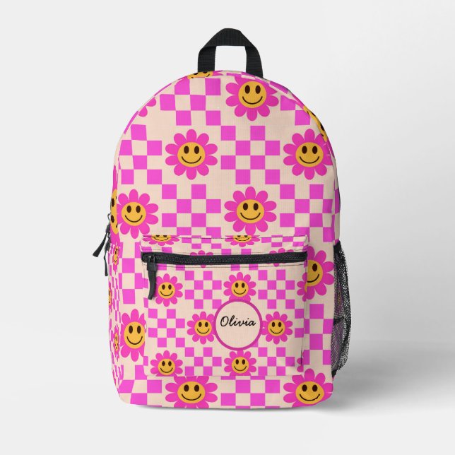 Mochila Impresa Checkered Hot Pink Smiling Flowers Custom Name (Anverso)