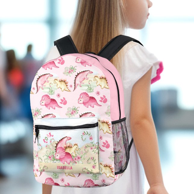 Mochila Impresa Chica de dinosaurio Pink Pastel Cute Nombre Floral (Dinosaur Girl Pink Pastel Cute Floral Name Printed Backpack)