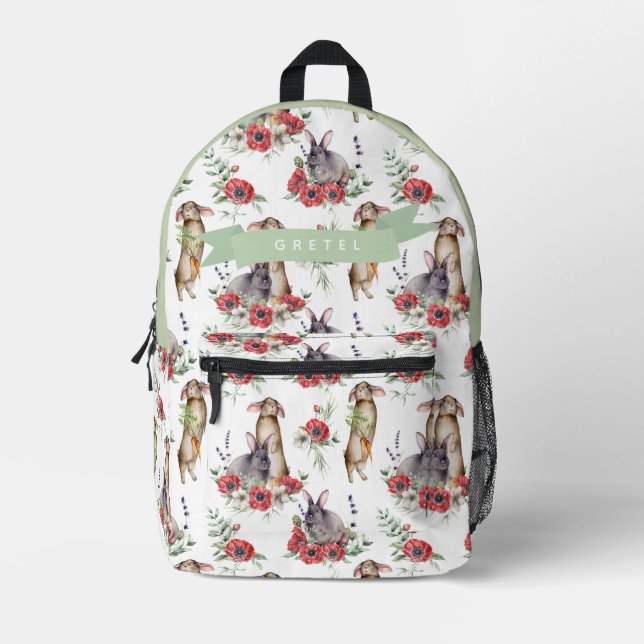 Mochila Impresa Chica de patrón de anémona conejo y rojo (Anverso)