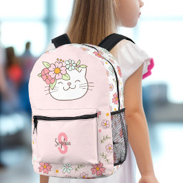 Mochila Impresa Chica floral rosado de gato lindo Monograma niños