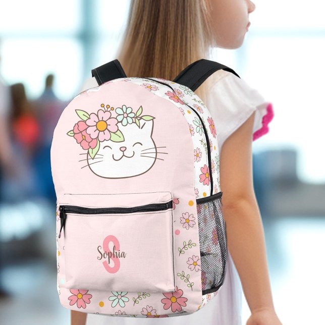 Mochila Impresa Chica floral rosado de gato lindo Monograma niños (Cute Cat Pink Floral Girl Kids Printed Backpack)