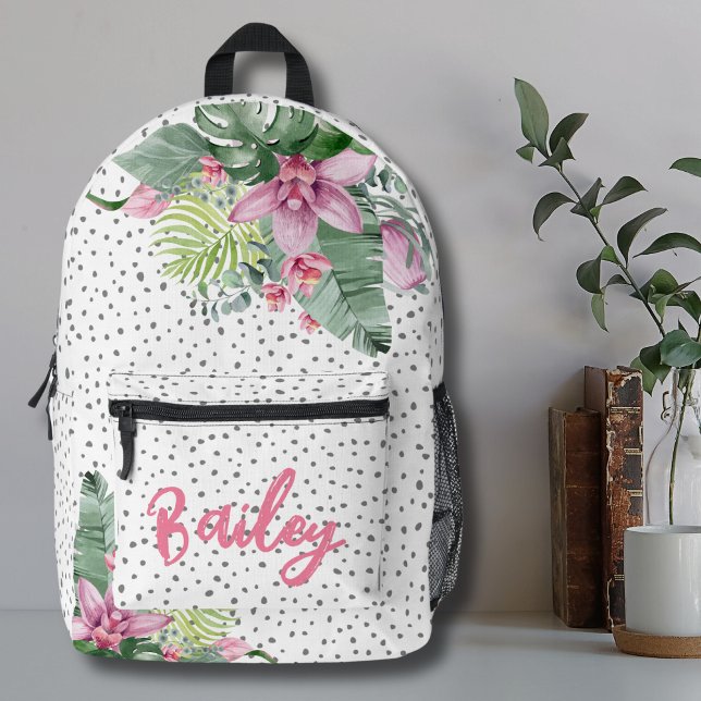 Mochila Impresa Chicas de nombres tropicales florales personalizad (Cute Trendy Dot Pattern Floral Tropical Watercolor Printed Backpack)