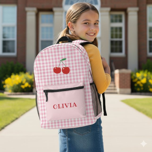 Mochila Impresa Chicas de personalizado Gingham Cherry (Custom Cherry Gingham Girls Backpack)