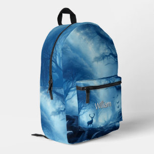 Mochila Impresa Ciervo en bosque oscuro de bruma azul