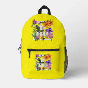 Mochila Impresa Cita positiva Be Happy y flores de jardín