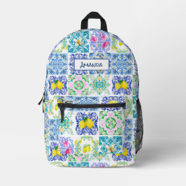 Mochila Impresa Citrus sicilianos de verano azulejo mediterráneo
