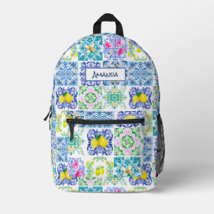 Mochila Impresa Citrus sicilianos de verano azulejo mediterráneo