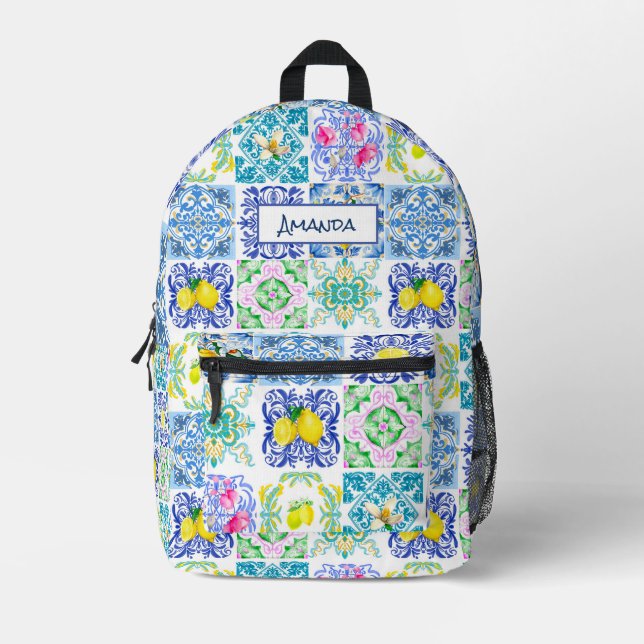 Mochila Impresa Citrus sicilianos de verano azulejo mediterráneo (Anverso)