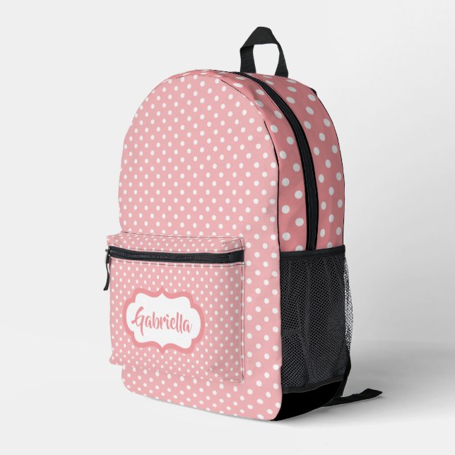 Mochila Impresa Clásicos puntos de polka blanco suizo en rosa de R (Esquina derecha trasera )