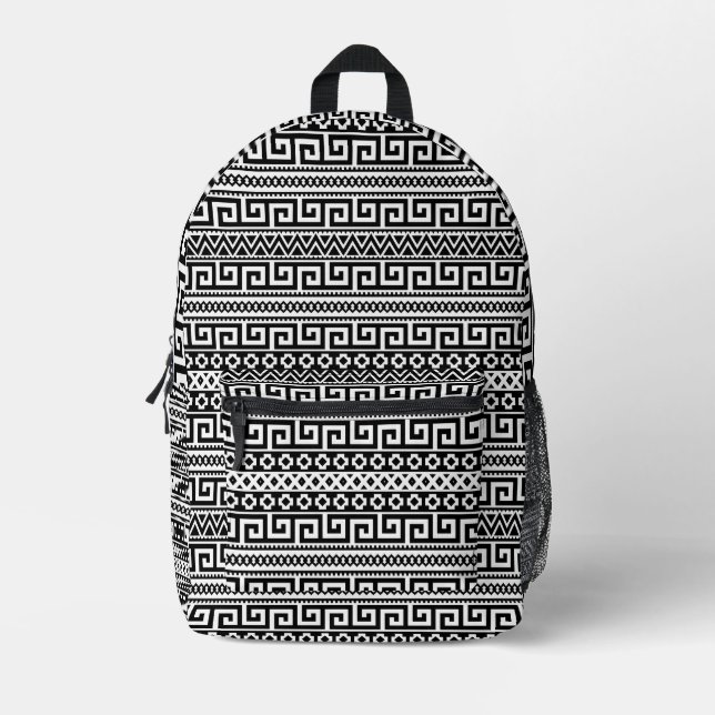 Mochila Impresa Classic Black And White Greek Key Geometric (Anverso)