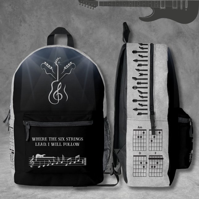 Mochila Impresa Clef única de guitarra de rock negro y gris (Unique electric guitar design black & gray bag for the rockstar music lover)