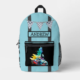 Mochila Impresa Coche de Carreras Hot Rod, Estandarte a Cuadros -