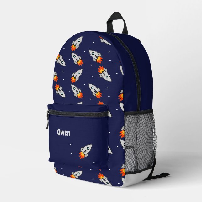 Mochila Impresa Cohetes grises locos monogramo azul (Esquina derecha trasera )