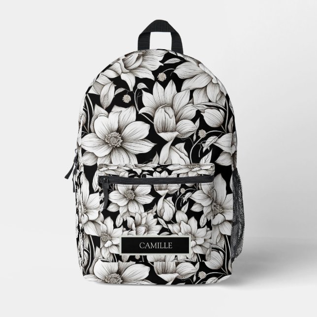 Mochila Impresa Colegio de Monograma Black White Flowers (Anverso)