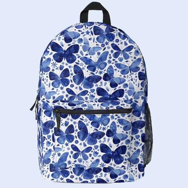 Mochila Impresa Color azul mariposa (Navy indigo blue and white watercolor butterfly pattern backpack)