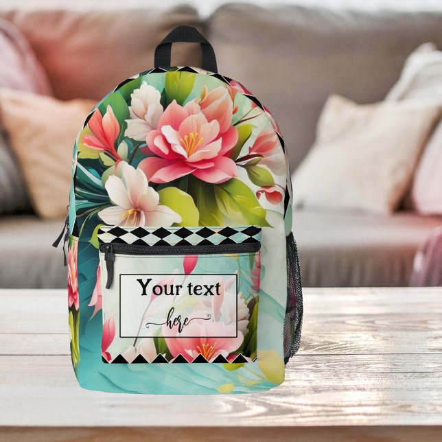 Mochila Impresa Colorido Arte Floral Moderno (Backpack featuring colorful floral art with a black and white checkered design)