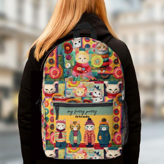 Mochila Impresa Coloridos Gatos Graciosos Quilt Patchwork Retro (Backpack featuring a pattern design with colorful cute and funny cats)