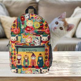 Mochila Impresa Coloridos Gatos Graciosos Quilt Patchwork Retro