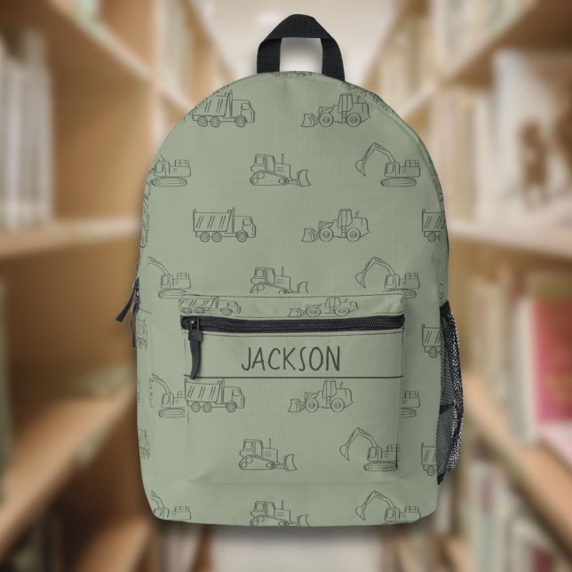 Mochila Impresa Construction Vehicles School Boys Name Sage Green (Subido por el creador)