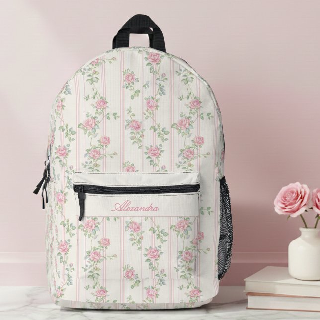 Mochila Impresa Coqueta Floral Rosa (cute pink coquette roses floral backpack for girls with custom monogram name in calligraphy script)