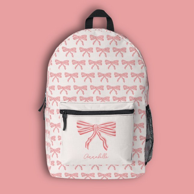 Mochila Impresa Coqueta rosa estética arco giratorio (Girly pink bow backpack in coquette aesthetic. Matching products available.)