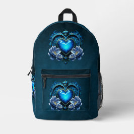 Mochila Impresa Corazón gótico azul rodeado de flores mágicas