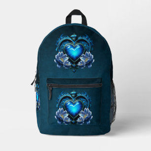 Mochila Impresa Corazón gótico azul rodeado de flores mágicas