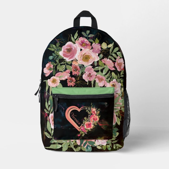 Mochila Impresa Corazón rosado sobre negro (Anverso)