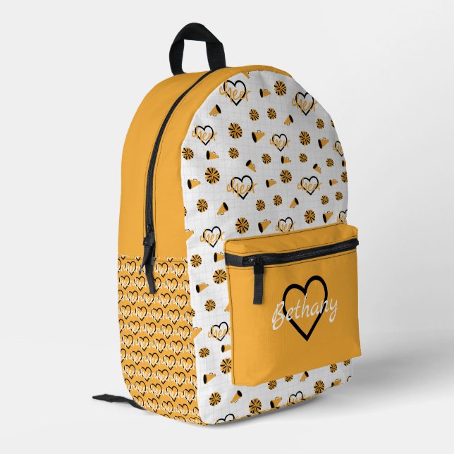 Mochila Impresa Corazones de Cheque Amarillo, Pom Poms, Patrón Meg (Esquina izquierda trasera)