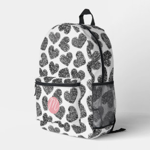 Mochila Impresa Corazones de doodle modernos en blanco y negro mon