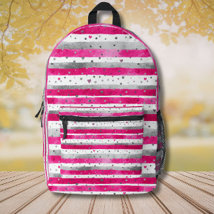 Mochila Impresa Corazones de plata rosa elegante en rayas