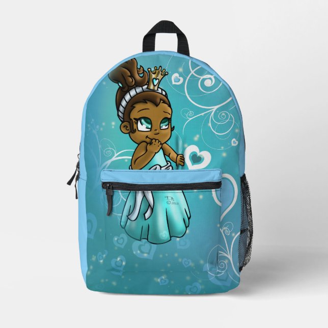 Mochila Impresa Corazones turquesa de la princesa afroamericana (Anverso)