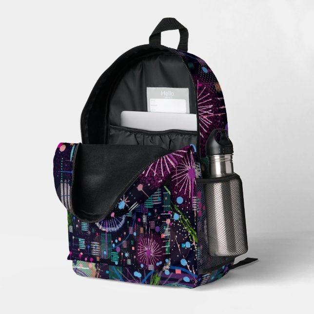 Mochila Impresa Cosmic Snow Storm: Abstract Maximalism Art (Esquina trasera derecha (abierta))
