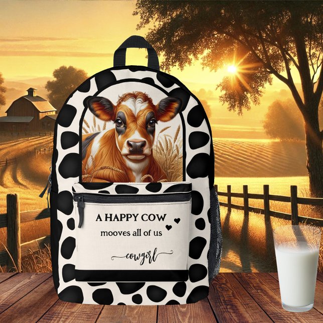 Mochila Impresa Cowgirl feliz cita de vaca (Backpack featuring a painting of a cute cow with your custom quote on a black and ivory pattern)