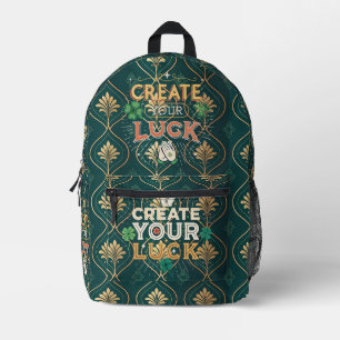Mochila Impresa Crea Tu Suerte – Motivación Elegante Verde y Dorad
