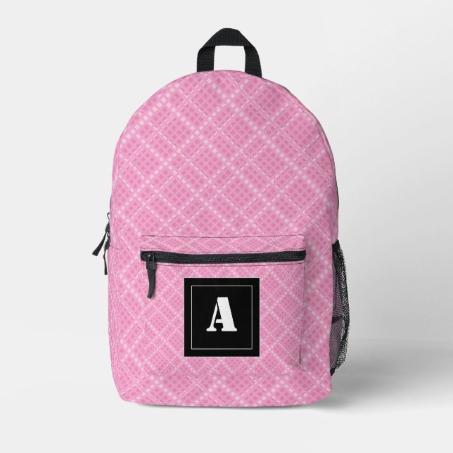 Mochila Impresa Crisscross Gingham Check Monograma rosa y blanco (Anverso)