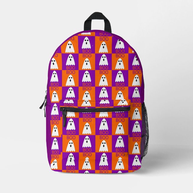 Mochila Impresa Cuadrados de boo fantasma morado y Naranja de Hall (Anverso)